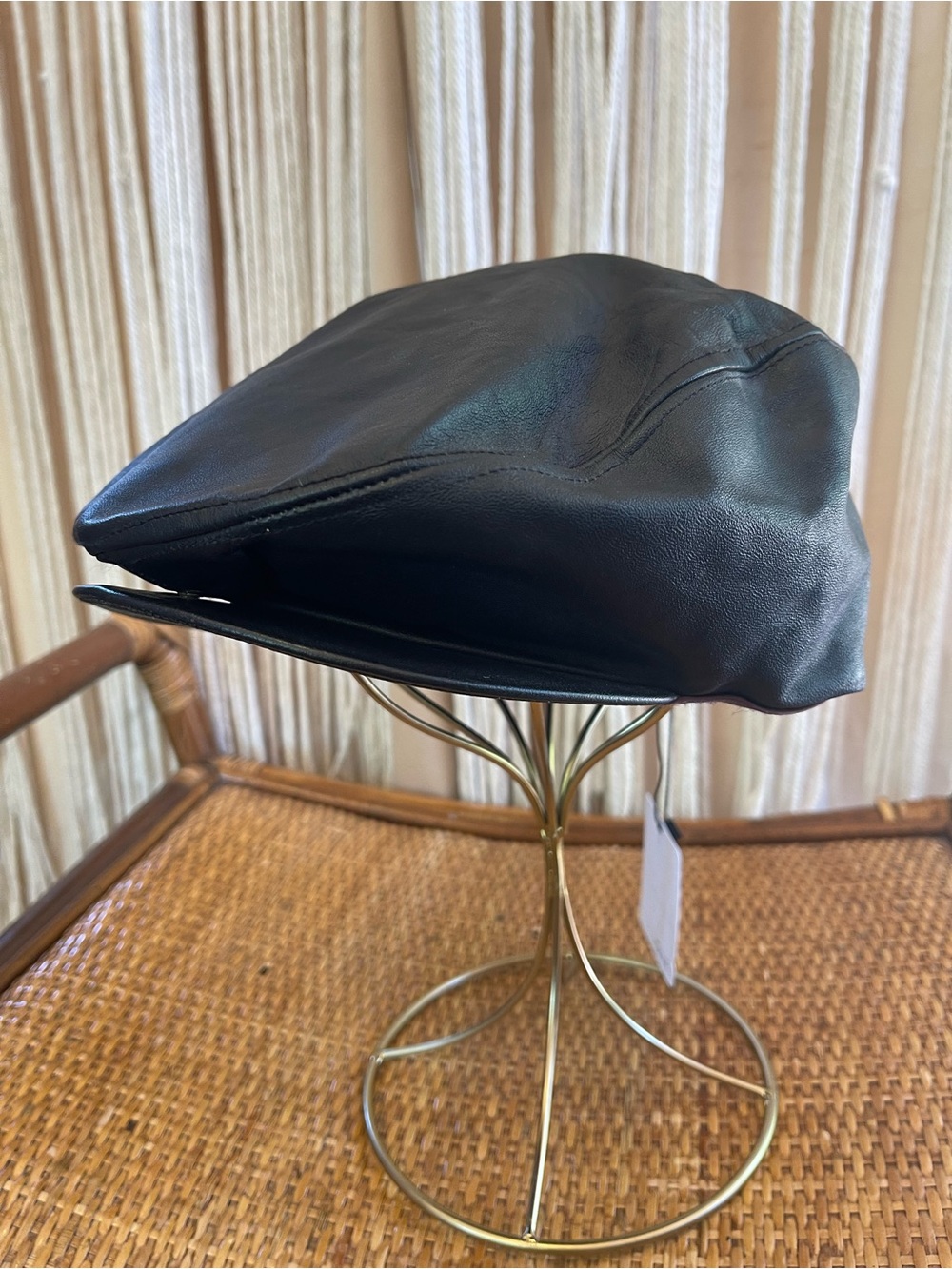 vintage black leather newsboy cap Gatsby hat baker boy hat sturdy brim cabbie - Picture 6 of 14